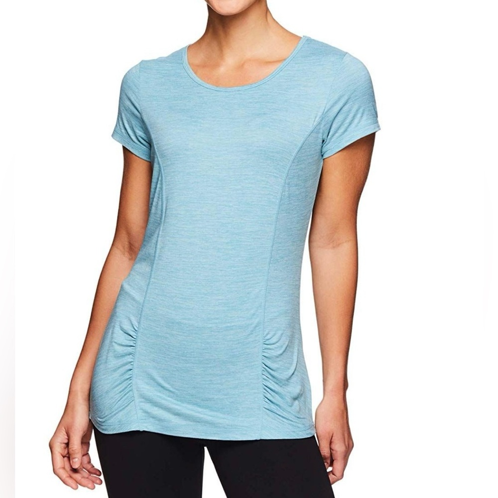 Gaiam Ruched Open Back Yoga Tshirt in Light Heather Green